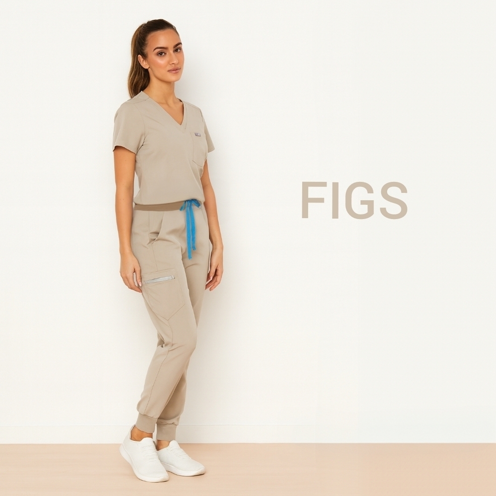 Figs Tan Jogger Pants with Blue Drawstring